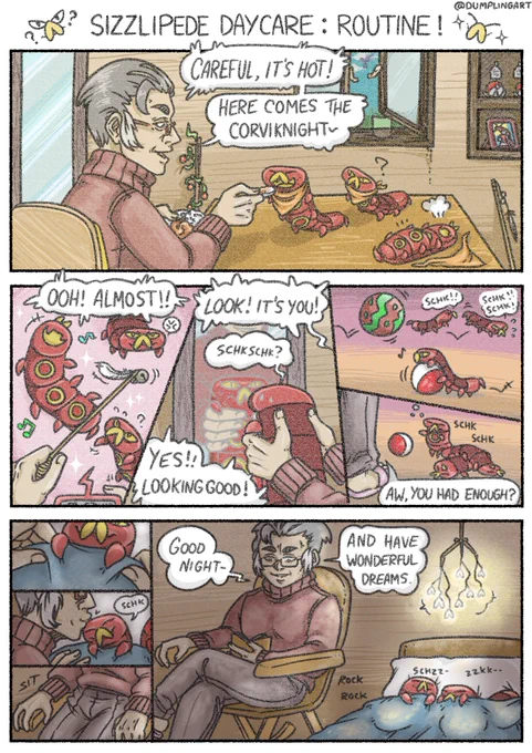 Here is my full contribution piece to the @KabuZine! I really pushed myself on this one, I'm so happy about how it came out~ ;_;
Papa Kabu and his 3 sizzli-babies... Spicy shenanigans!!
????
#カブ 
#ヤクデ 
#ポケットモンスターシールド
#Sizzlipede
#PokemonSWSH 
