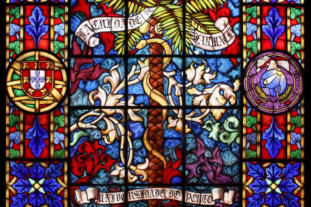 O imponente vitral da autoria do vitralista Ricardo Leone, responsável pela recuperação dos vitrais do Mosteiro da Batalha.

Foi implementado em 1934, sobre a icónica escadaria de madeira do antigo edifício da FFUP, na Rua Aníbal Cunha.

Desde 2013 no novo complexo ICBAS-FFUP.