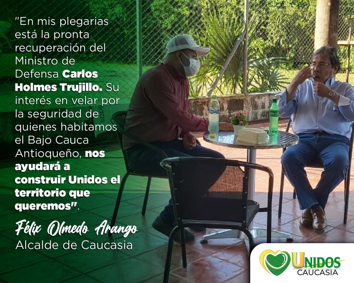 folmedoarango's tweet photo. "En mis plegarias está la pronta recuperación del Ministro de Defensa @CarlosHolmesTru. Su interés en velar por la seguridad de quienes habitamos el Bajo Cauca Antioqueño, nos ayudará a construir Unidos el territorio que queremos".

Félix Olmedo Arango 
Alcalde de Caucasia https://t.co/TfDFBFEDK1