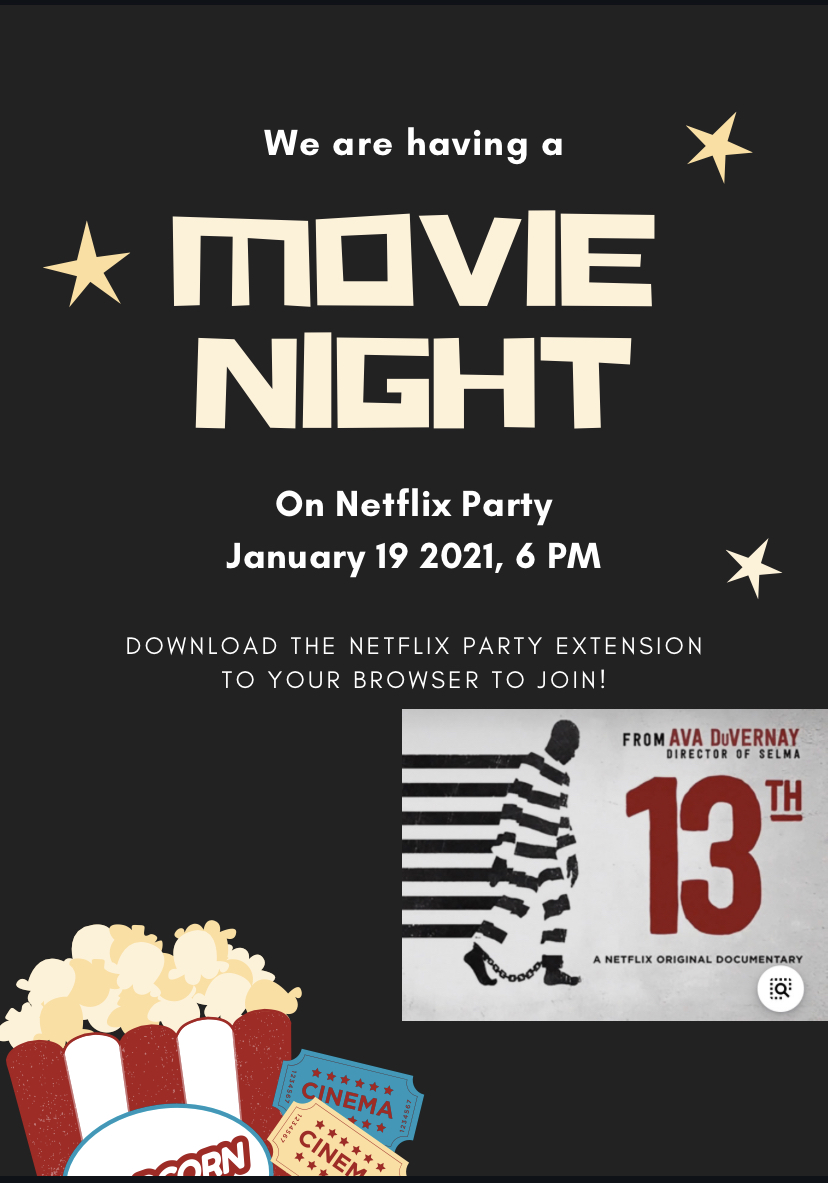 Join us tomorrow, as we watch Ava DuVernay's "The 13th"

To watch with us, please download the Netflix Party extension to your browser. 
You do NOT need a Netflix account to participate!
The link with instructions: netflixparty.com