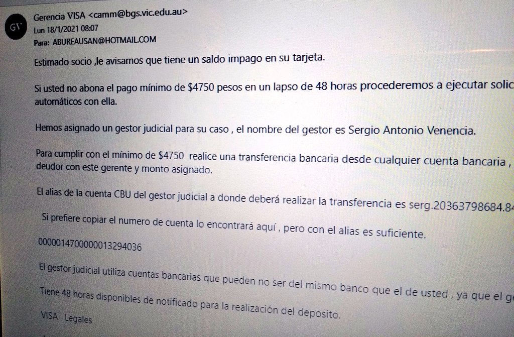 PreciosRosario2's tweet photo. #OjoConEsto 👀

👉 Está circulando este mail 📧
👉 A nombre de #Visa
👉 $4750 piden que les deposites en un CBU
👉 El CBU pertenece a "Sergio Antonio Natanael Venencia"

❌ Es una ESTAFA

Dale RT y nos evitamos ser engañados https://t.co/1r0hYyOaaK