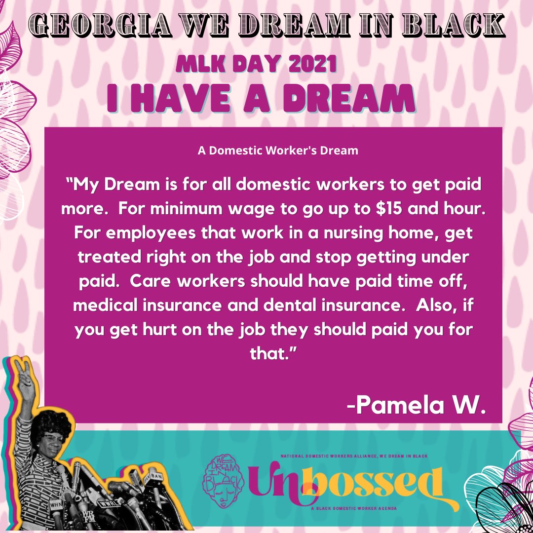 AtlDomesticWork's tweet photo. Pamela W.’s Dream. #IHaveADream #ADomesticWorkersDream #MLKDay2021 #MLKDay  #EssentialWorker #Dream https://t.co/5rXu2PSEXR