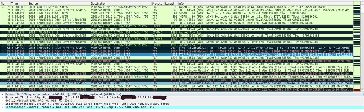 To test this, I'm downloading from an IPv6 VPS a file over HTTPS hosted at my home server, just as Ron did. This is the traffic between the server and router. Packets at the router are tagged with VLAN 3. Note the packet marked in black and white. It's 2946 bytes because of GRO.