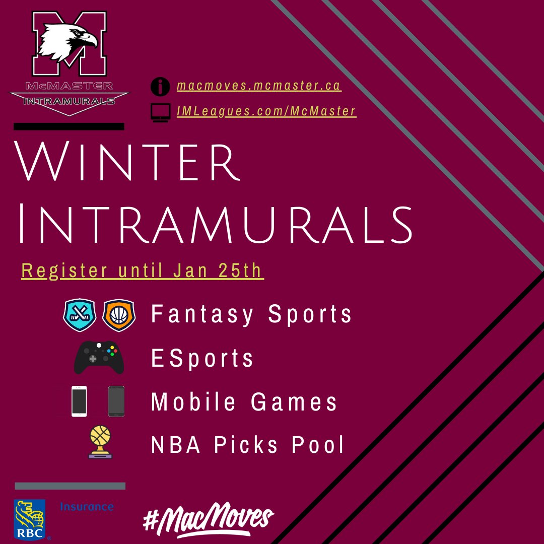 MacIntramurals's tweet photo. Get in the Games this Winter โ๏ธโ๏ธ โผ๏ธ
๐ฎ๐๐๐ฅ
๐๐ฒ
๐Registration & Info
โช๏ธhttps://t.co/OoZqhkw9yT
#IntramuralLife #McMasterU #ActiveMarauders #VirtualLife #GameOn #WinterSeason #HamOnt #RBCInsurance #VirtualIntramurals #MacMoves https://t.co/JIPMFIVAcV