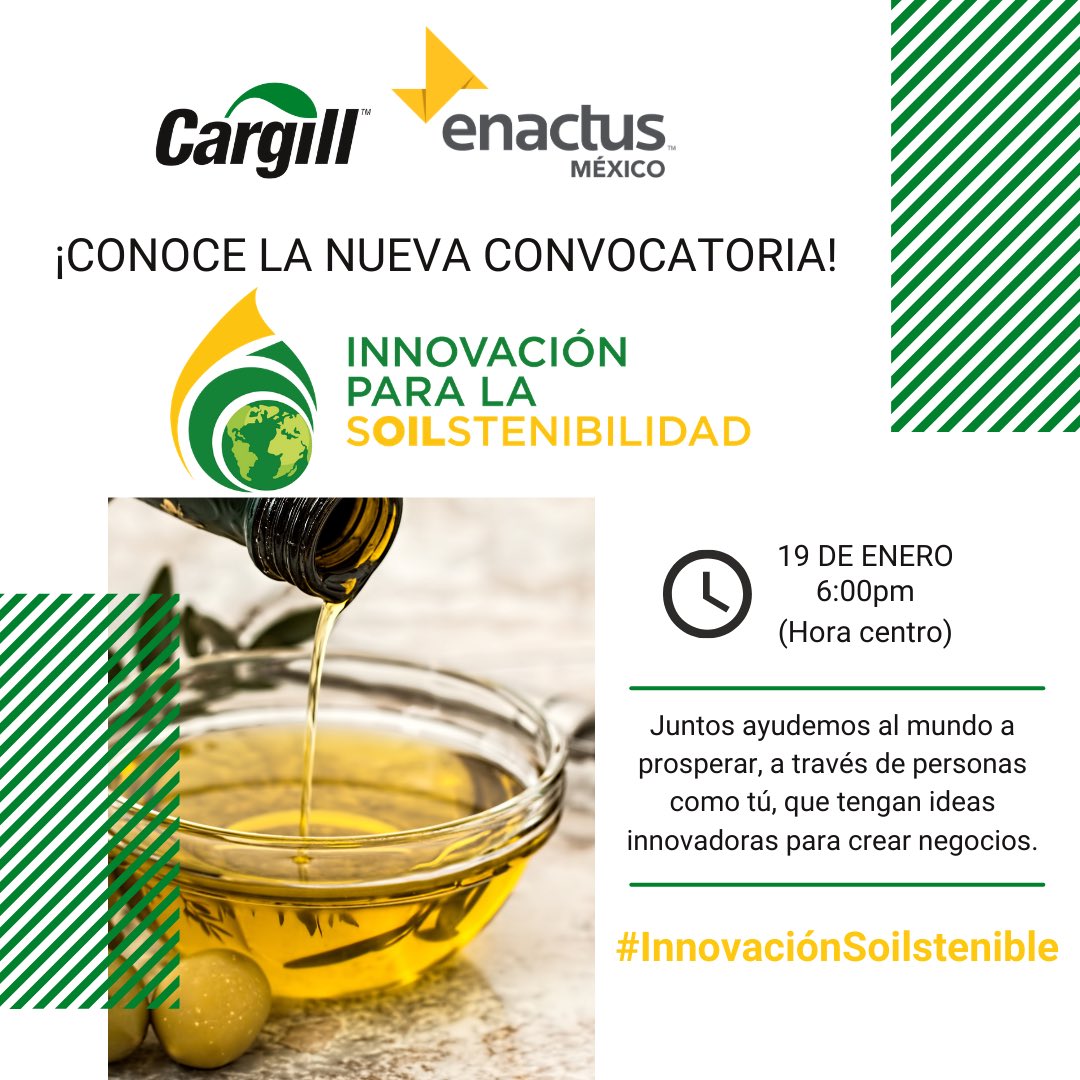 EnactusMexico's tweet photo. No te pierdas el lanzamiento de la convocatoria "Innovación para la Soilstenibilidad" por Cargill  💚

Mañana por Zoom 👉🏼 ID 831 6210 4110

 #InnovaciónSoilstenible https://t.co/kHj9NpgcWw
