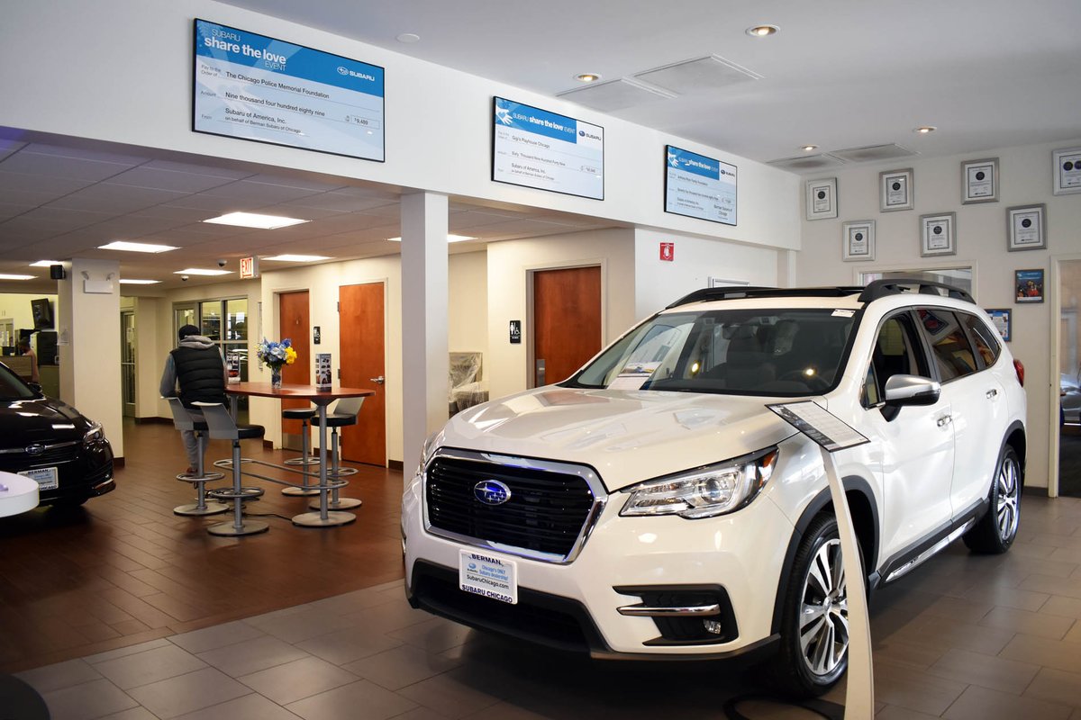 SubaruOfChicago's tweet photo. Berman Subaru of Chicago loves to #ShareTheLove! We couldn't fit these checks into the mailboxes, so we've commemorated some of our most rewarding experiences in the showroom! Visit us today and see just some of the ways Berman Subaru shares the love with our community! https://t.co/AE77N3Nv2L