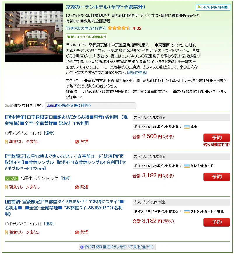 @mizpi 自分の定宿は烏丸御池の京都ガーデンホテル。
ここは普通のビジネスホテルやけど特価プランが2500円。観光シーズンでも４０００円台で泊まれる。
しかも早い者勝ちやけど駐車場が無料という。
関係者じゃないけど、気に入ってる宿が潰れると困るのでみんなに勧めてます。
テレビも風呂もあるよ(笑) 