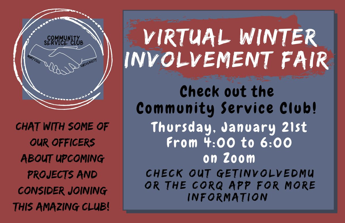 The Virtual Winter Involvement Fair is this week and the Community Service Club will have their Zoom booth on Thursday between 4 and 6!! Check out the fair and hear about the next plans for the Spring Semester. Share with anyone you may know who would be interested in CSC!