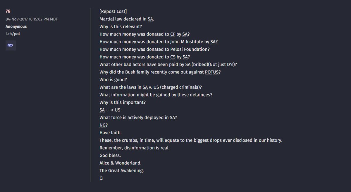 8/14 Q76 They show us SA --> USSo replace all SA with US in relative context. Martial law declared in SA (US)What force is actively deployed in SA (US)?NG?Have faith.Today? Active Duty ordered to DC... Only can happen during Martial Law.Now Q55...