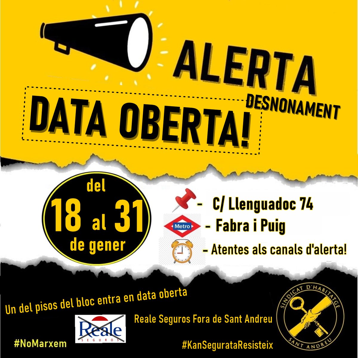 HabitatgeSTA's tweet photo. #AlertaDataOberta
Un dels pisos del bloc propietat de @Reale_Seguros es troba en amenaça de desnonament en data oberta fins el 31 de gener.
Necessitarem el suport de totes per impedir-ho.
Estigueu atentes
#KanSegurataResisteix
#NoMarxem https://t.co/9hu7O5K2Sr