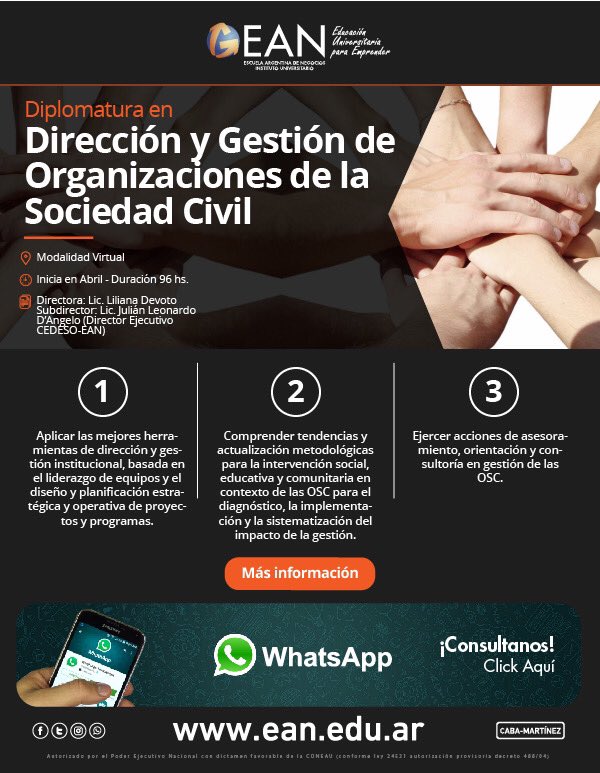 julian_dangelo's tweet photo. 🗯Conocé la nueva Diplomatura en Dirección y Gestion de Organizaciones de la Sociedad Civil de la @ean_argentina Con dictado 💯 % on line, dirigida por @LiliDevoto y con el mejor equipo docente que me acompaña desde la UBA y ahora en el #CEDESO 
Consultas capacitacion@ean.edu.ar https://t.co/DVaMTxgESy