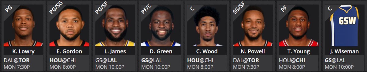 FFDebate's tweet image. Cash lineup 1-18 on #DraftKings 

#Big💵: LeBron, Wood, Lowry 
#BayStack: Draymond, Wiseman #DubNation 
#4xValue🍀: Gordon, Powell, Thad Young 

This group projects to +270! Data below. Good luck yall! 🙏 #SpreadTheWealth💰#DFS #NBA #NBATwitter