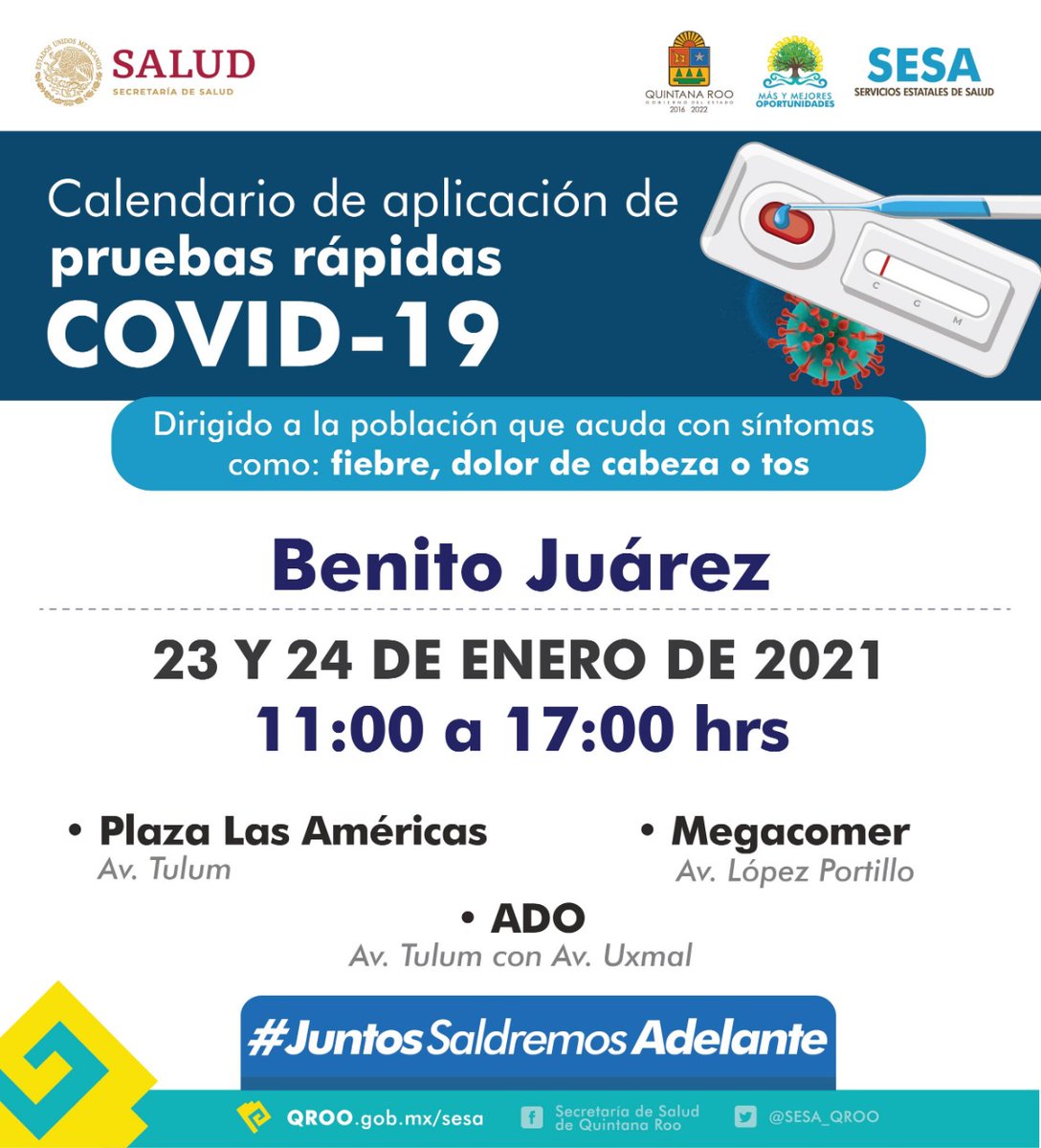 Quintanarroenses, ante cualquier síntoma de #COVID_19 debemos tomar acción para evitar contagios y pérdida de vidas. Continuamos con la 3.ª etapa de aplicación de #PruebasCOVID en #FelipeCarrilloPuerto, #OthónPBlanco y #BenitoJuárez. #PonteVIVO <a href="/SESA_QROO/">SESA Quintana Roo</a>