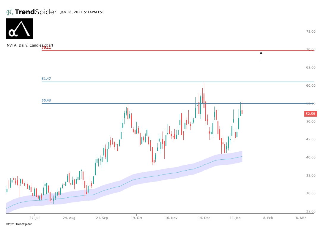  $NVTA. Looking to see if it clears the level here and runs to all time highs. If so, good chance it's in the $70s.