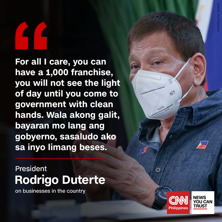 newswatchplusph's tweet photo. President Duterte warns he would not allow a company to operate with a franchise if it does not settle its government obligations. Read more: https://t.co/Ml0ztZ7J3z https://t.co/W7kk69tTaO