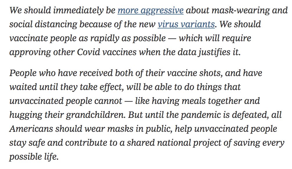 16/18 The final italicized paragraphs in Leonhardt’s piece are pretty good messaging. And they ARE what public health experts are conveying. But they’re doing it smartly, relying on research about vaccine hesitancy & using evidence-based communication to build public trust.