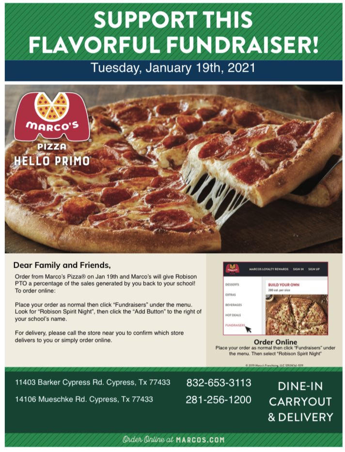 RobisonElemPTO's tweet photo. 🌟🌟🌟Tomorrow!!! Enjoy!🌟🌟🌟
#robisonstrong #robisonpto #robisonelementary #helpourschool #marcospizza #yum #lunch #dinner https://t.co/wTT05PHJ0v