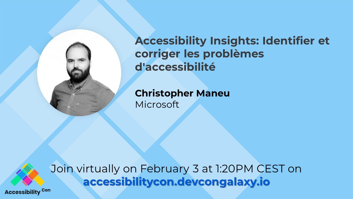 DevconGalaxy's tweet image. 📢 Utilisez-vous Accessibility Insights pour identifier et corriger les problèmes d&apos;accessibilité de vos applications ? 
@cmaneu fera une démo pour voir comment l&apos;utiliser sur des apps Android et Web à #AccessibilityCon

📅 Agenda et inscriptions ici : accessibilitycon.devcongalaxy.io