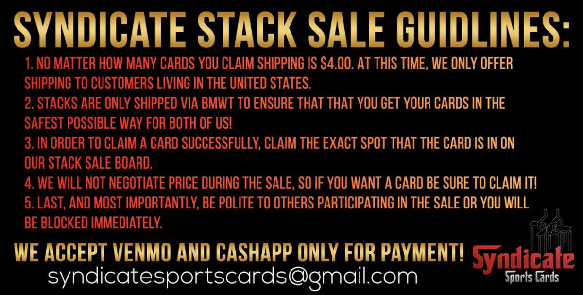 SyndicateStax's tweet photo. Please read before participating in any sale on this page! 😁

We look forward to having you! 💥

#SyndicateStackSale https://t.co/USxgDe0EGO