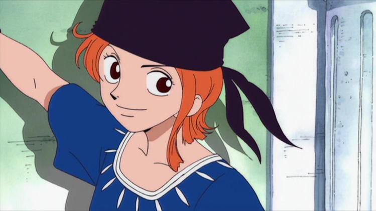 smiling nami — Nami's first appearance in the anime.