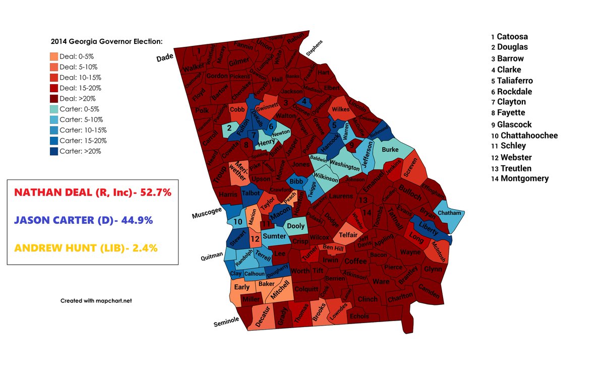 And finally, the Governor election. Jason Carter challenged incumbent Republican Governor Nathan Deal here and lost by a little under 8%. He did fare better than Nunn in the rural areas, though he did underperform her in the Atlanta metro area.