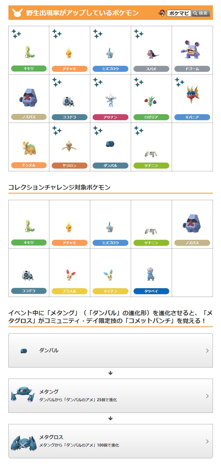 ポケモンgo攻略情報 ポケマピ ホウエンセレブレーションで野生出現率がアップしているポケモンが確認されています コレクションチャレンジ対象ポケモンの ツチニン と進化で特別なわざを覚える ダンバル も野生で捕獲できるようです T Co