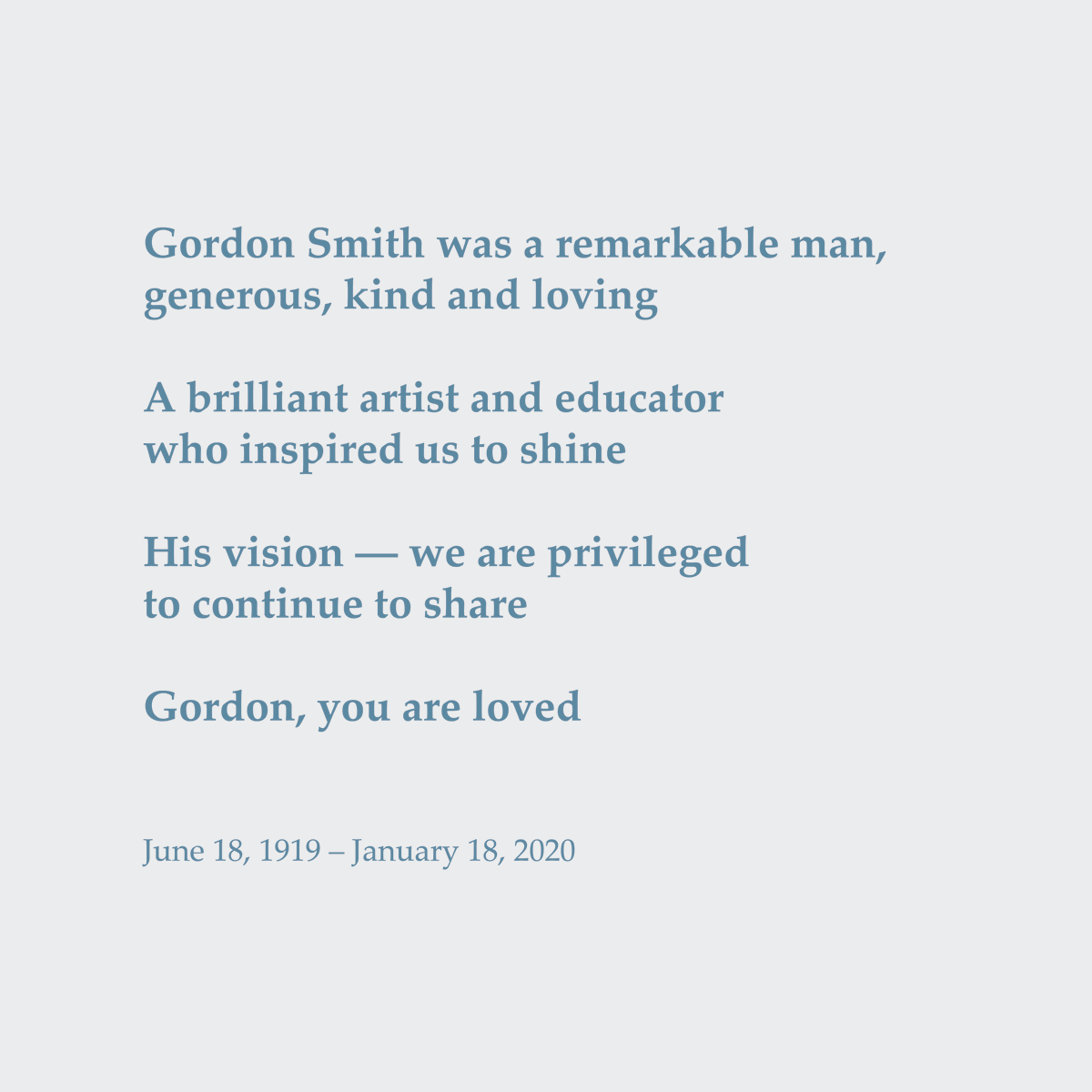 AFKSmithGallery's tweet photo. #GordonSmith passed away on this day last year, at the age of 100. Gordon's remarkable legacy as a profound artist and a beloved educator lives on, and continues to support arts education for youth through #ArtistsForKids, The #GordonSmithGallery &amp; The #SmithFoundation. @NVSD44 https://t.co/J8UcAyORLj