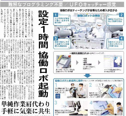 nikkei_bizdaily's tweet photo. 【19日の紙面】
人と一緒に作業する恊働ロボが活躍しています。人手不足や三密回避に加え、動作を教えるプログラムが容易なことが増加の理由です。記者も教示にトライしました https://t.co/8HO6dS8KVr