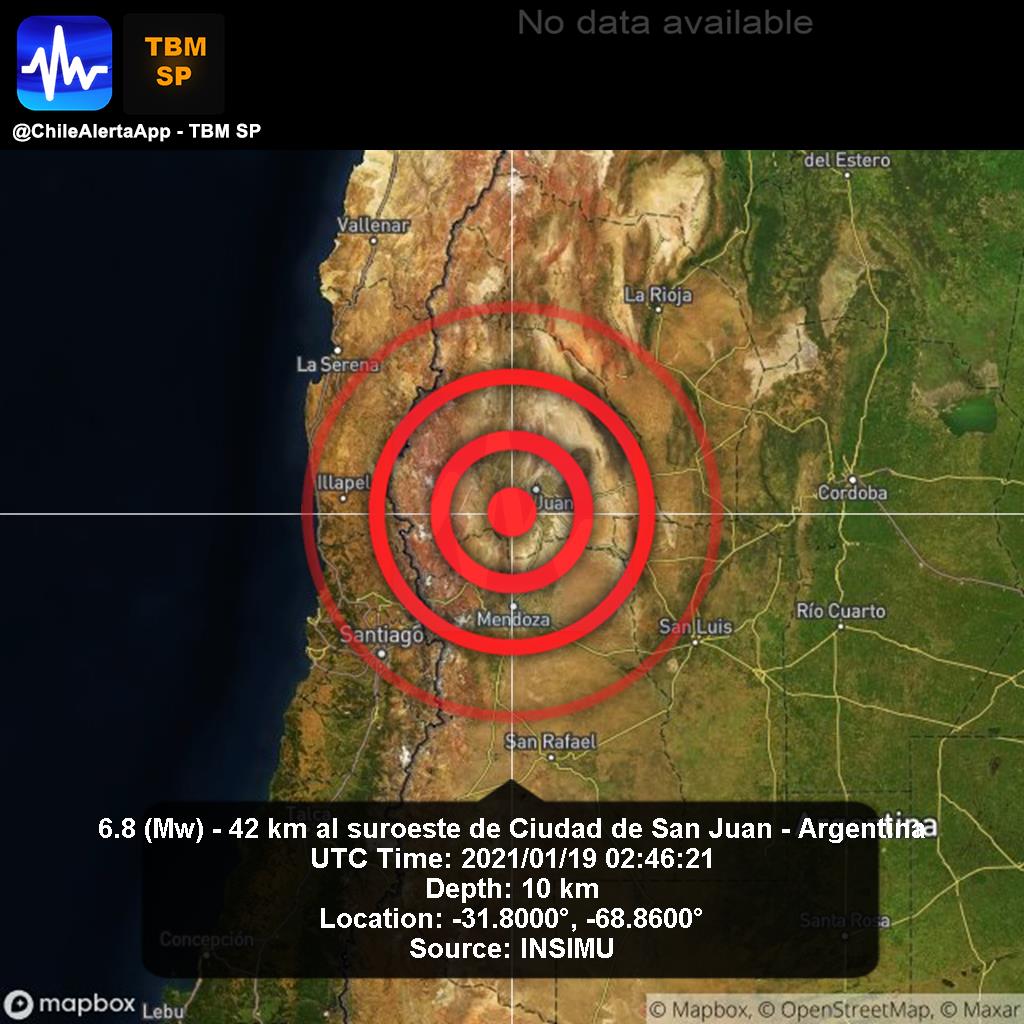 New #Earthquake. 🌎
6.8 (Mw) - 42 km al suroeste de Ciudad de San Juan - Argentina.
2021/01/19 02:46:21 UTC.
#CiudaddeSanJuan-Argentina App: goo.gl/XWHGvS #Temblor #Sismo #alert