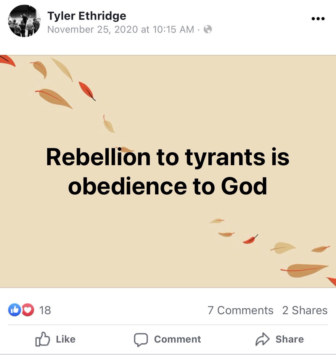 After the election results, CCC Tampa Youth Pastor Tyler Ethridge posted “rebellion to tyrants is obedience to God.”  #PastorParler