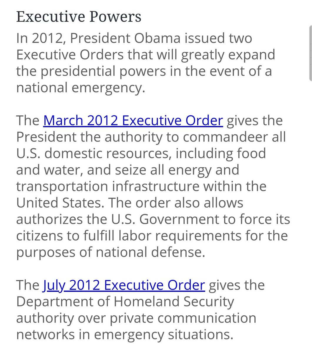 6)President Trump also has 2 Obama era Executive Orders that he might wield to protect the Nation.1. Power to commandeer all Domestic Resources and recruit citizens2. DHS can take control of Private Communication Networks 