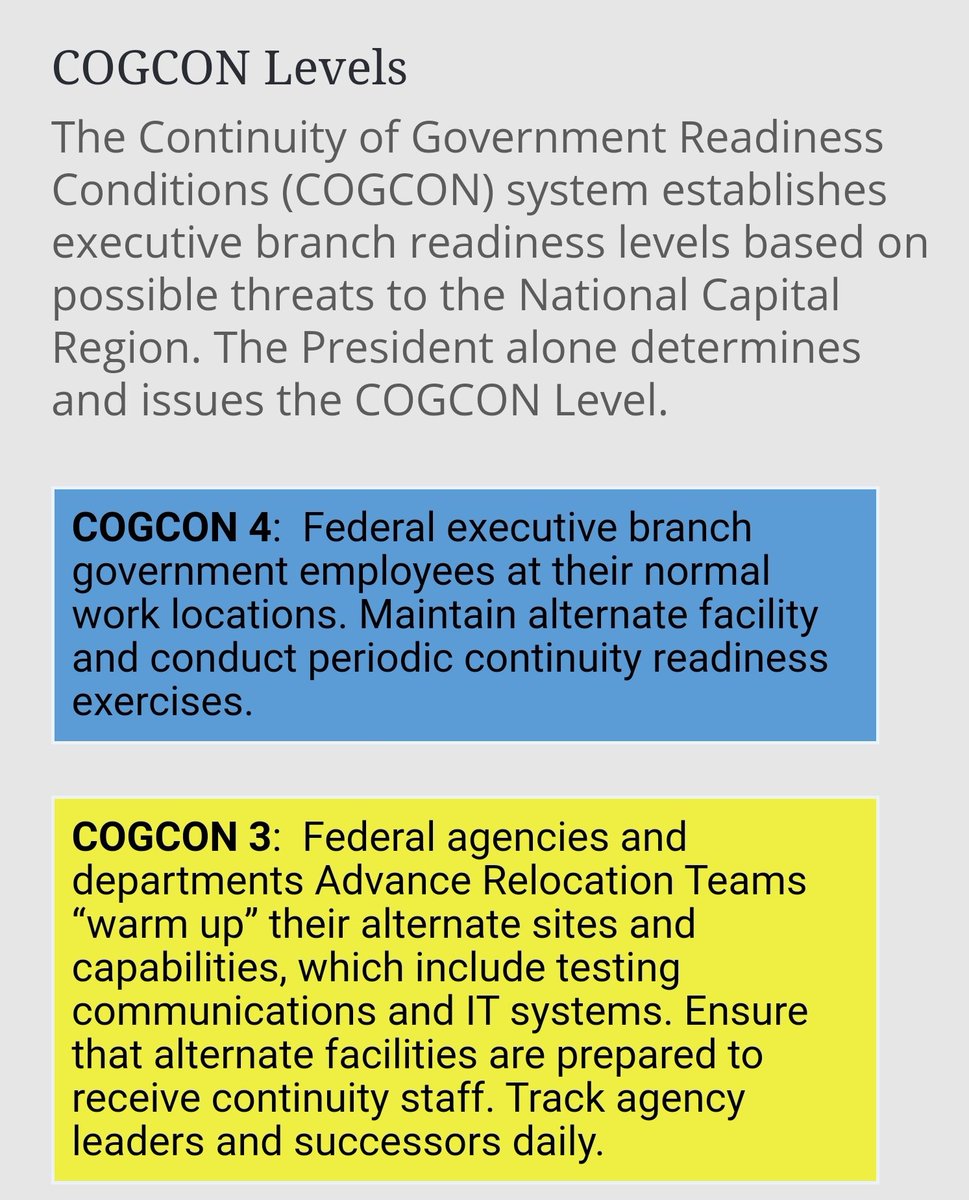 7)The Federal Government has established 4 COGCON (Continuity of Government Readiness Conditions) levels to make sure the Government is properly prepared to execute on these plans in the event of an emergency.Level 4Level 3Level 2Level 1