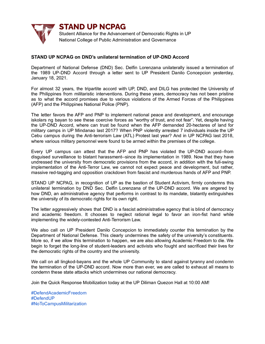 standupncpag's tweet photo. STAND UP NCPAG firmly condemns the termination of UP-DND accord. We are angered by how DND, an administrative agency that performs in contrast to its mandate, blatantly extinguishes the university of its democratic rights for its own right. 

#DefendUP
#NoToCampusMilitarization https://t.co/o1VGEISB9D