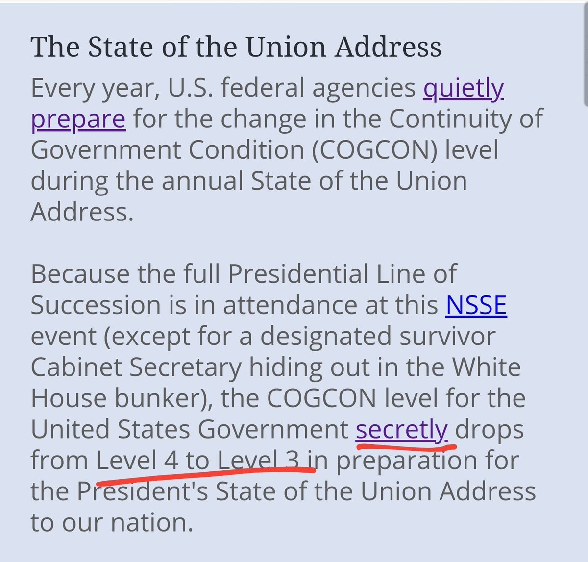 9)Interestingly, each year the United States Government "secretly" drops the COGCON Level from Level 4 to Level 3 due to the concentration of Government Leadership in a single location.
