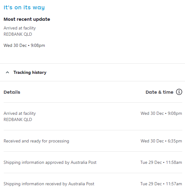 Jason_H0's tweet photo. Hi @auspost  I understand there's delays given the current pandemic but what's going on in Redbank with no movement for 3 weeks? https://t.co/i2vVWZTFVf