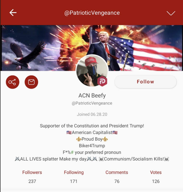 on parler (RIP), beefy uses the display name "ACN Beefy" and the handle "patriotic vengeance"