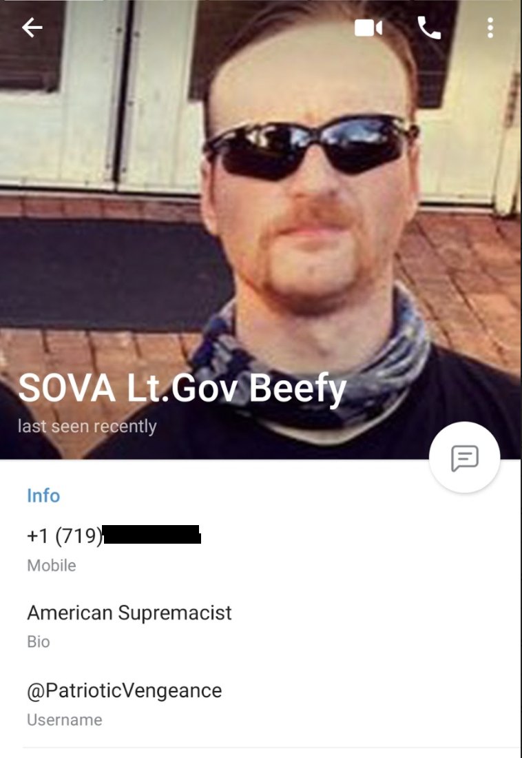 austin nicholson's facebook profile is consistent (facial hair, sunglasses) with a profile picture beefy has been using in proud boys telegram channel & the 719 area code is consistent with austin clay nicholson's previous residence in the colorado springs area.