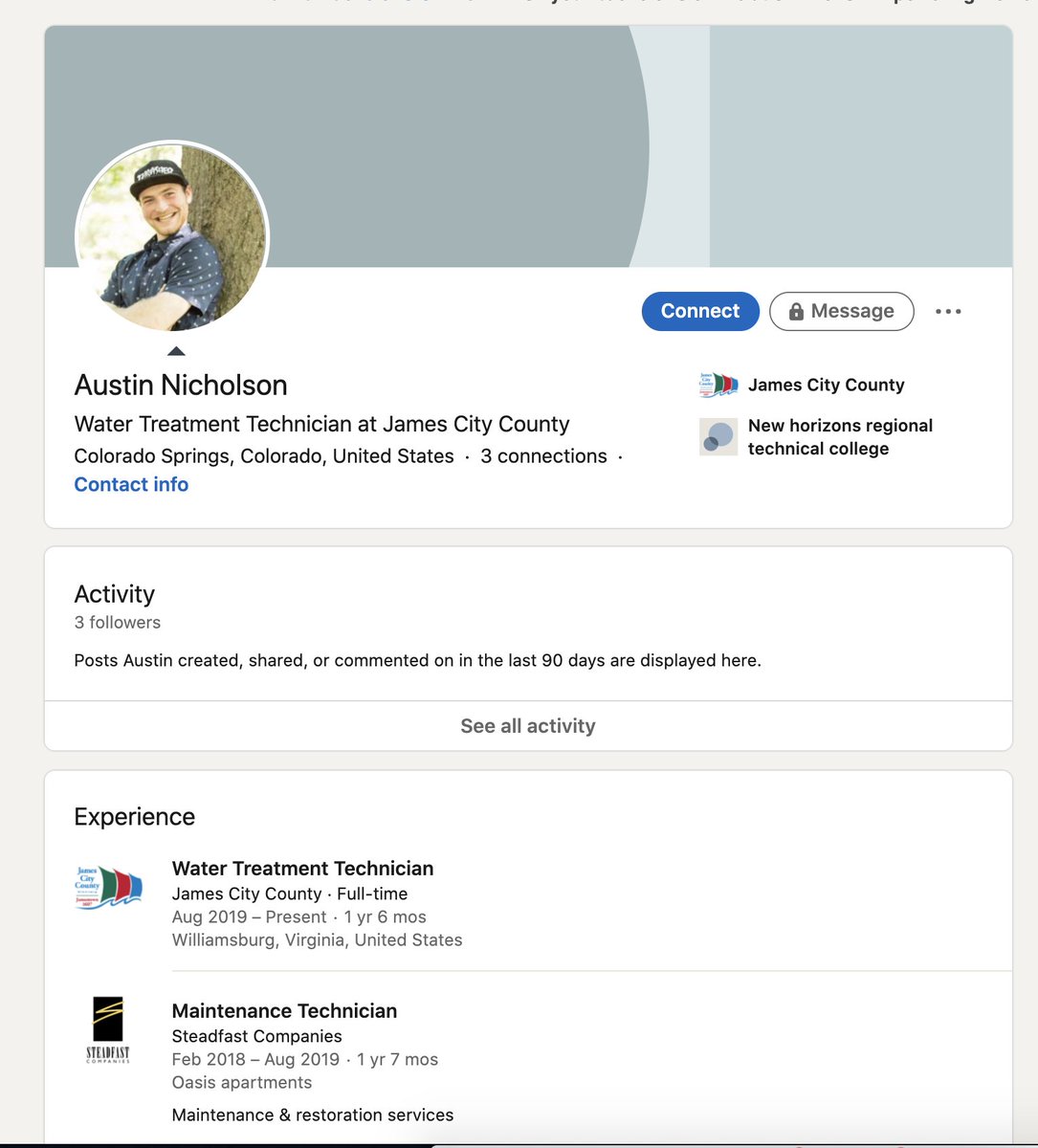 when austin clay nicholson aka beefy aka patriotic vengeance isn't putting up stickers at the outlet mall trying to get people to join his fascist street gang, he works as a water treatment technician for james city county.