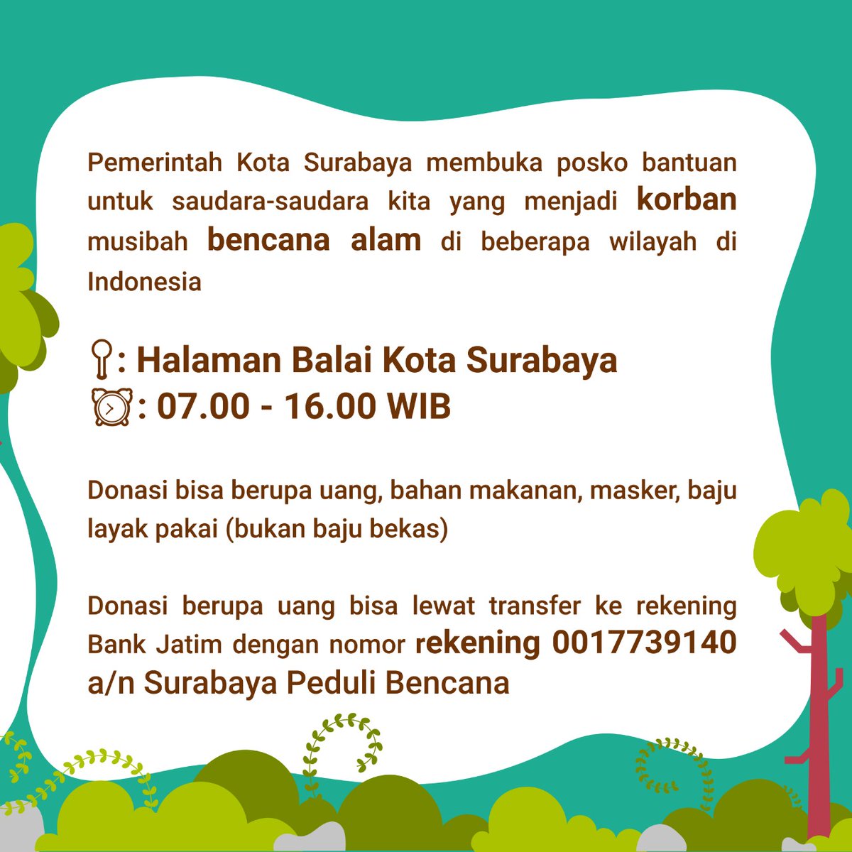 SapawargaSby's tweet photo. Pemerintah Kota Surabaya membuka posko bantuan untuk korban musibah bencana alam di beberapa wilayah di Indonesia

Donasi bisa diserahkan kepada posko bantuan di halaman Balai Kota Surabaya ya teman2 🙏

Sekecil apapun bantuan kita, akan meringankan beban mereka 🤗 https://t.co/t73dtR9OPz