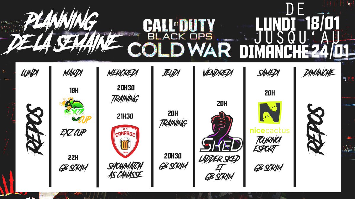 NHECORP's tweet photo. 🗓️Planning de la semaine de notre équipe pour la semaine du 18/01 au 24/01 grosse semaine en perspective force à nos joueurs #NHE4LIFE 💜🐉 https://t.co/mDJAgGEOJo