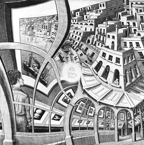 ... which in turn creates the world again and also itself again, and so on. As in Escher's lithograph the Print Gallery, this view of the relationship between brain and consciousness leads to the Droste effect...