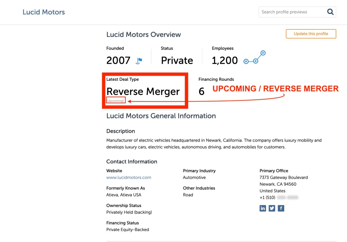 2/ Interesting Online FindPitchbook (owned by  @MorningstarInc) is a reputable SaaS company that delivers data + research on private companies- The report says  @LucidMotors is doing a reverse merger  @PabloEstrader with this great findLink to page:  https://pitchbook.com/profiles/company/51503-32#overview