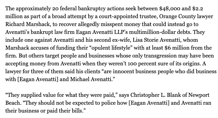 Those facing claims aren't generally accused of doing anything other than accepting payment from the wrong source. As an attorney for three told me, "They should not be expected to police how EA and Avenatti ran their business or paid their bills.”  https://bit.ly/3bDURu3  2/11