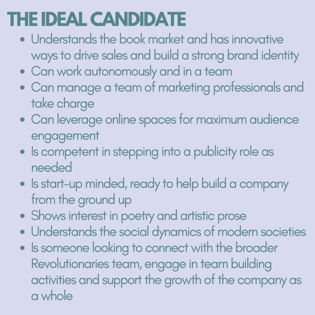 revolt_twt's tweet photo. NOW RECRUITING
@moonrise_lit Marketing Manager 

Seeking an enthusiastic individual with a background/education in marketing + interests in poetry and artistic prose.

See https://t.co/bgXyur4olZ for more information on the position and how to apply. #JoinRevolt https://t.co/xEHfJ6nfRF