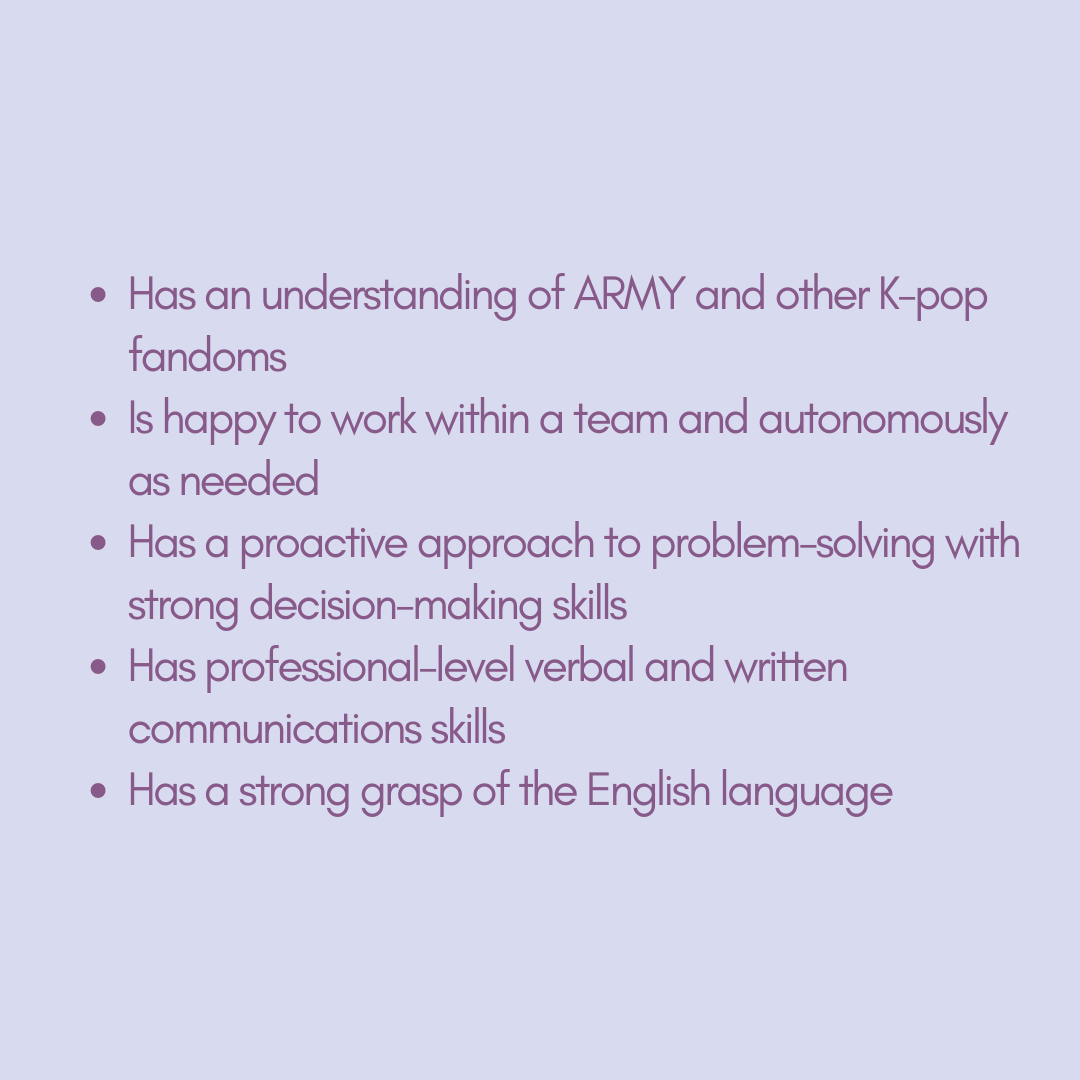 revolt_twt's tweet photo. NOW RECRUITING
Community Engagement Manager

Seeking an enthusiastic individual with strong community building skills or interests + an understanding of ARMY and other K-pop fandoms.

See https://t.co/RPc5gFYoWv for more information on the position and how to apply. #JoinRevolt https://t.co/nq3ZvaaptH