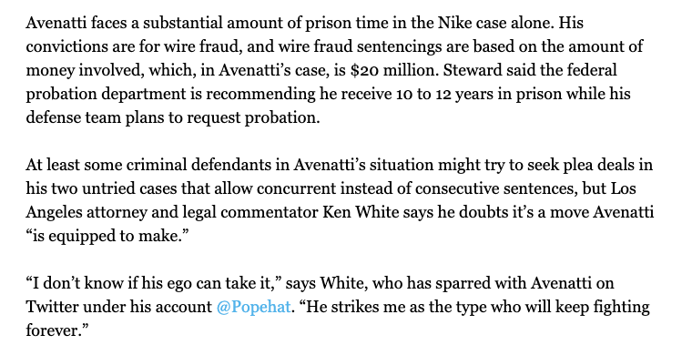 And regarding Avenatti's upcoming  @Nike sentencing, Dean said probation is recommending 10-12 years in prison. Avenatti's lawyers will be asking for probation. (The sentencing memorandums outlining the supporting case law have yet to be filed.)  https://bit.ly/3bDURu3  7/11