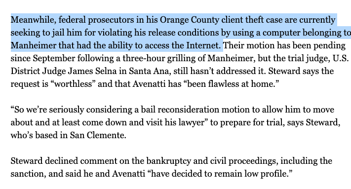 Why would Avenatti want access to the Instagram account if he's accessing the Internet at all? (The court record doesn't mention his release conditions, which are of course for another case.) https://bit.ly/3bDURu3&nbsp; 6/11