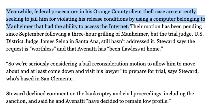 Why would Avenatti want access to the Instagram account if he's accessing the Internet at all? (The court record doesn't mention his release conditions, which are of course for another case.) https://bit.ly/3bDURu3  6/11