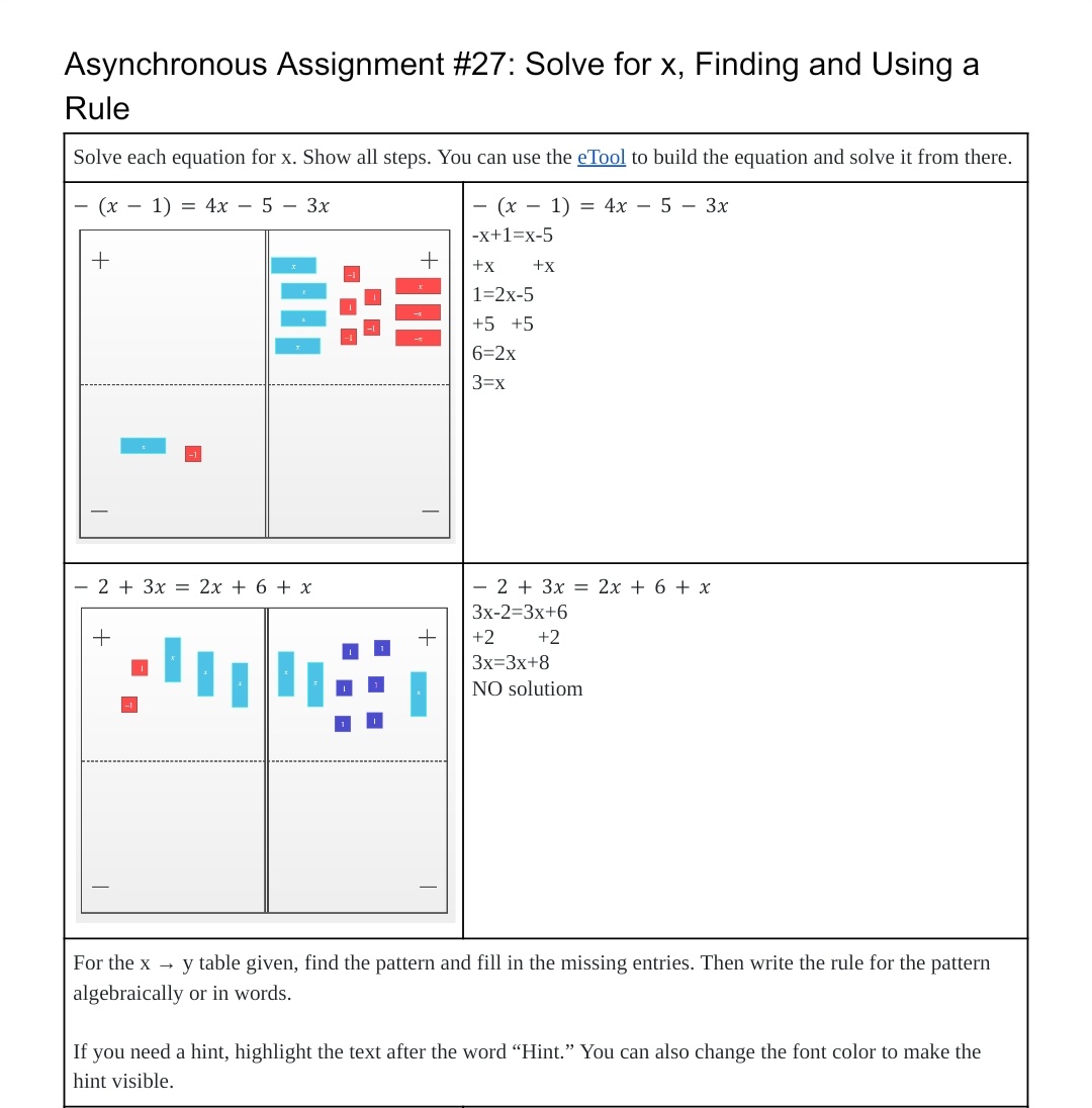 I've been assigning asynchronous work using Google Docs. I like how I can chunk the problems for students, and I like how students can show their work using a lot of different tools such as algebra tiles or Desmos graphing calculator.