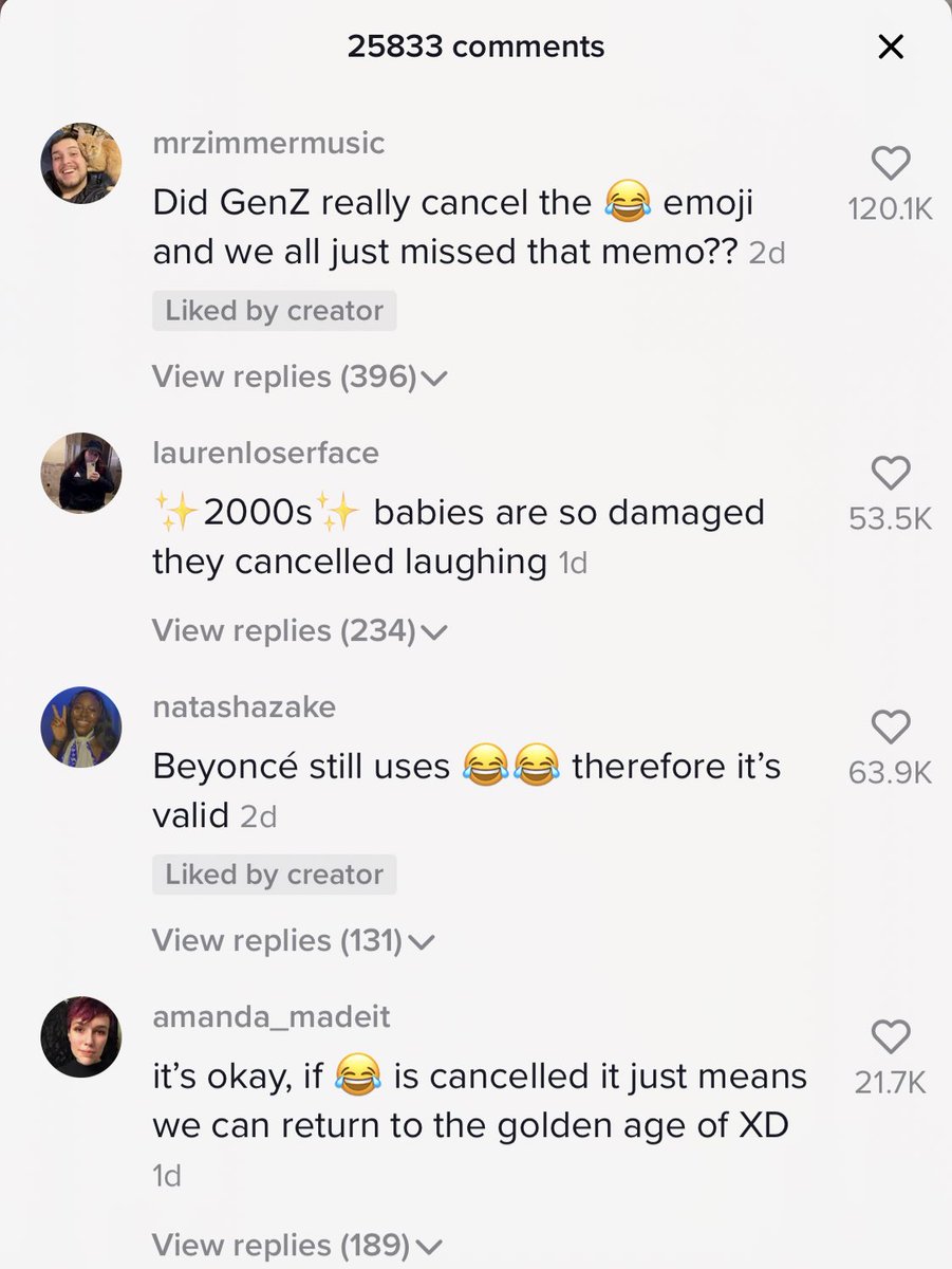 the first few comments on this tiktok of a 25 year old learning that gen z is over the  emoji